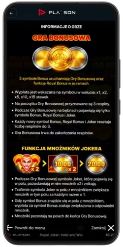 Zasady rundy bonusowej i tabela wypłat Royal Joker