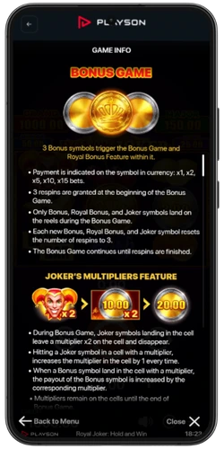 Royal Joker bonus game rules and paytable info