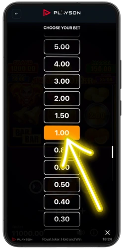 Royal Joker bet selection menu with stakes from 0.20 AUD