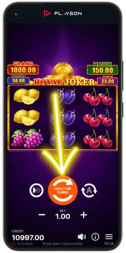 Royal Joker HOLD FOR TURBO spin button on main game screen